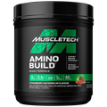 Black plastic tub of Muscletech Amino Build BCAA+ Strawberry Watermelon flavor