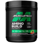 Black plastic tub of Muscletech Amino Build BCAA+ Strawberry Watermelon flavor