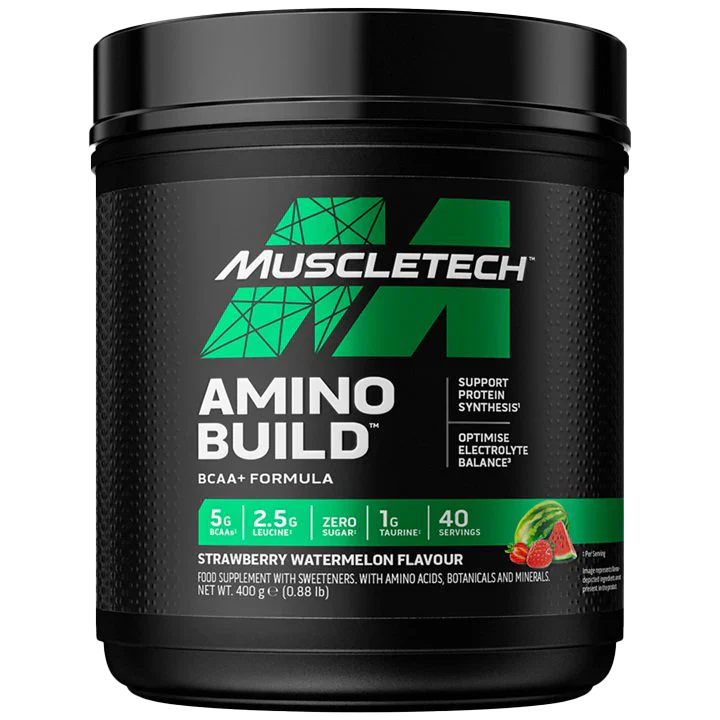 Black plastic tub of Muscletech Amino Build BCAA+ Strawberry Watermelon flavor