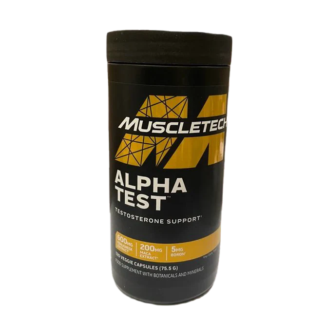 Black and gold Muscletech Alpha Test supplement container for testosterone support with zinc gluconate