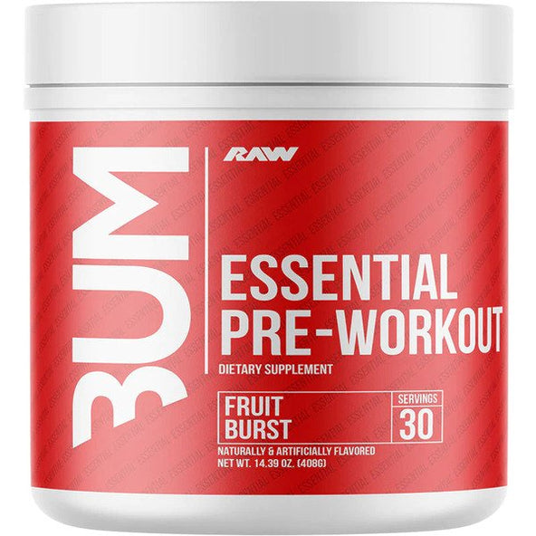 Raw Nutrition Essential PRE container with Fruit Burst flavor to fight fatigue and boost energy