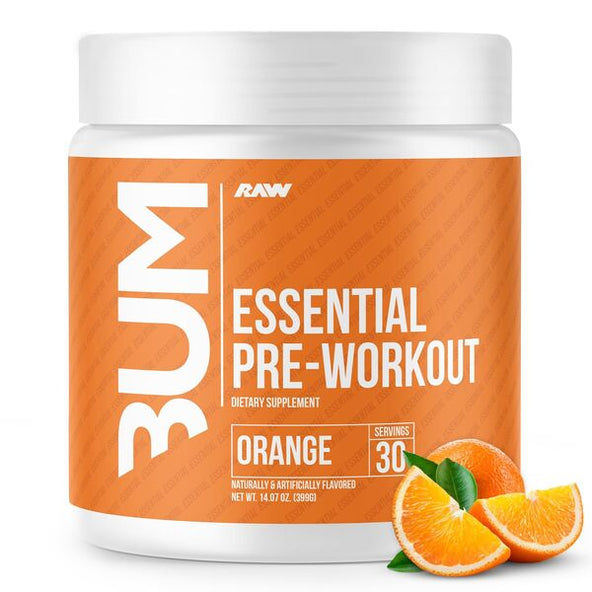 Orange-flavored Raw Nutrition Essential PRE pre-workout with beta alanine to fight fatigue