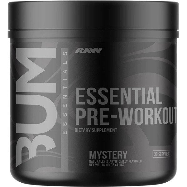 Black Raw Nutrition Essential PRE container with screw-top lid, packed with beta alanine to fight fatigue