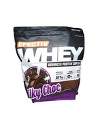 Chocolate-flavored highly bioavailable whey protein powder in a flexible pouch for lean muscle