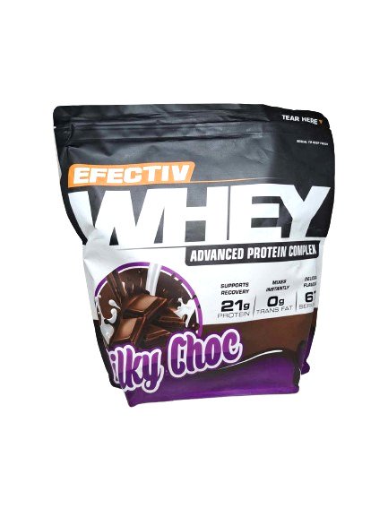 Chocolate-flavored highly bioavailable whey protein powder in a flexible pouch for lean muscle