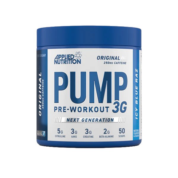 Blue tub of Applied Nutrition Pump 3G pre-workout supplement powder for energy