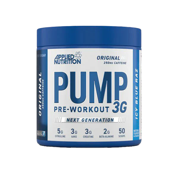Blue Applied Nutrition Pump 3G pre-workout supplement container with white label