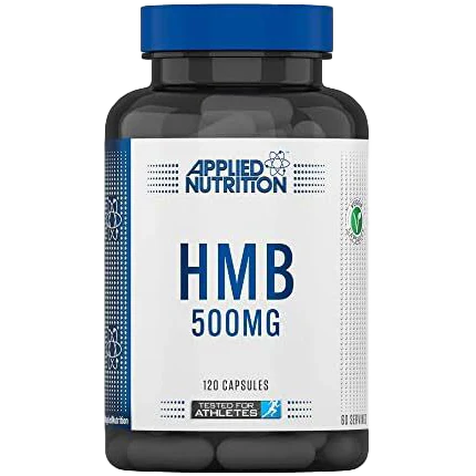 Black bottle of Applied Nutrition HMB 500MG with blue lid, plant-based veggie capsules