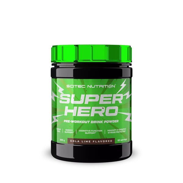 Green and black Scitec Nutrition Superhero pre-workout powder in cola-lime flavor tub
