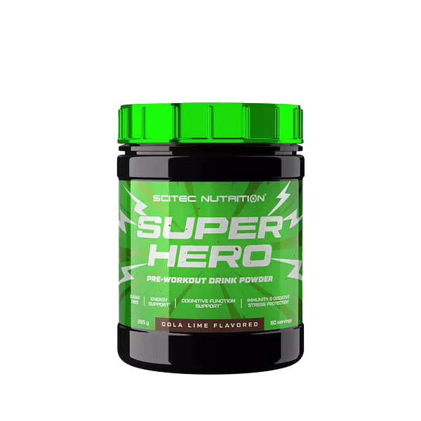 Scitec Nutrition Superhero pre-workout powder in green label cola-lime flavor jar