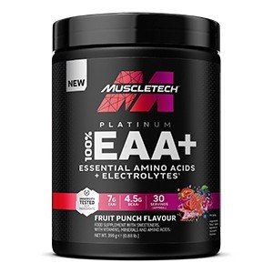 Black tub of Muscletech Platinum EAA for supporting protein synthesis and replenishing electrolytes