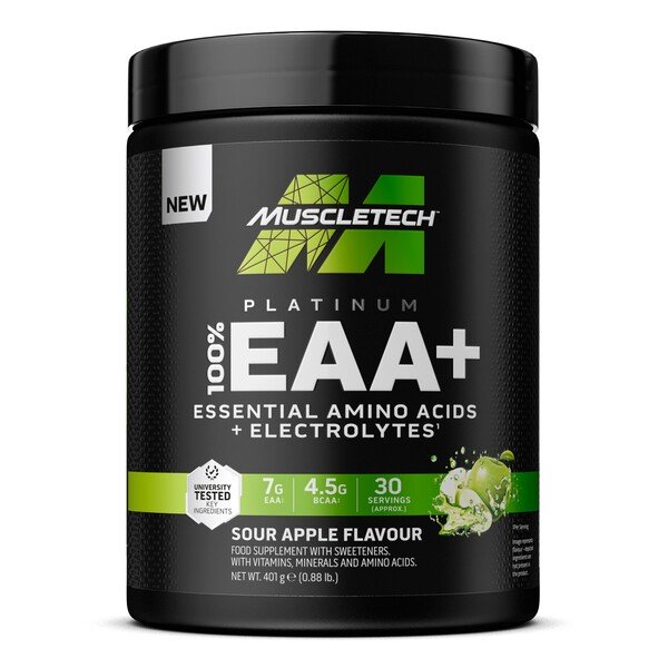 Black Muscletech Platinum EAA tub with Sour Apple flavor to support protein synthesis and replenish electrolytes