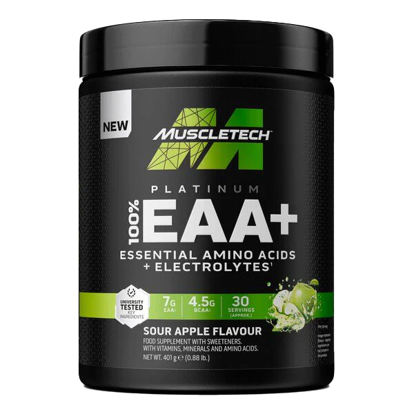 Muscletech Platinum EAA sour apple flavor supports protein synthesis and replenishes electrolytes
