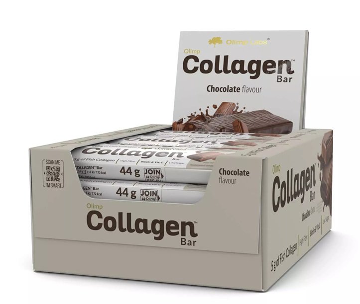 Display box of Olimp Sport Nutrition Collagen Bars 44g with fish collagen flavor