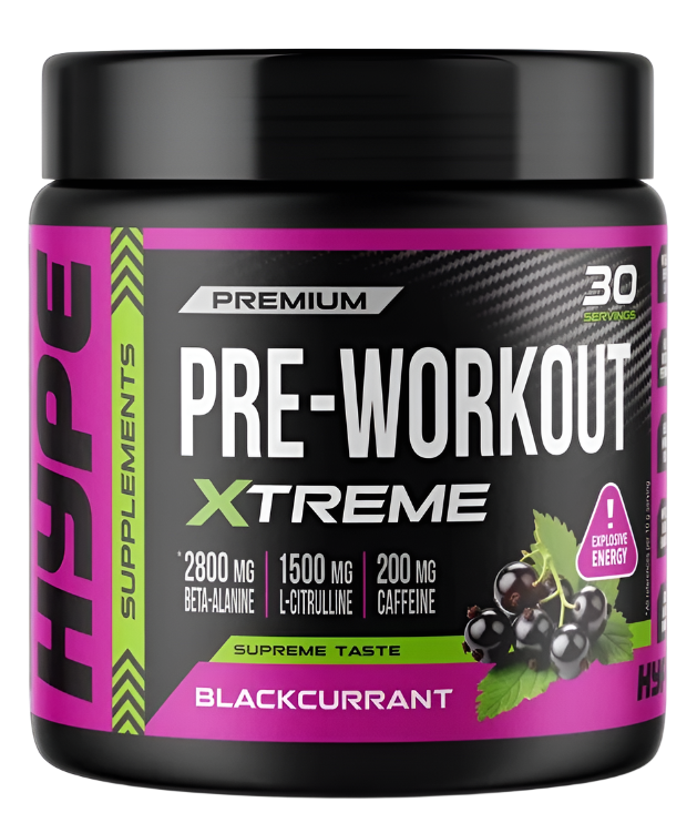 Blackcurrant HYPE Pre Workout Powder in dark container for relentless energy and thermogenic support