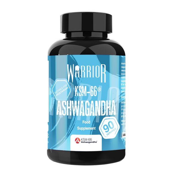 Blue and black Warrior Ashwagangha bottle with KSM-66 for enhanced energy levels