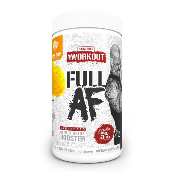 White cylindrical container of Rich Piana Legendary Series FULL AS F*CK pre-workout powder