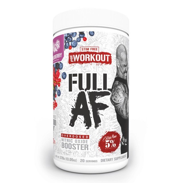 White cylindrical Rich Piana Legendary Series FULL AF pre-workout container with mixed berry flavor