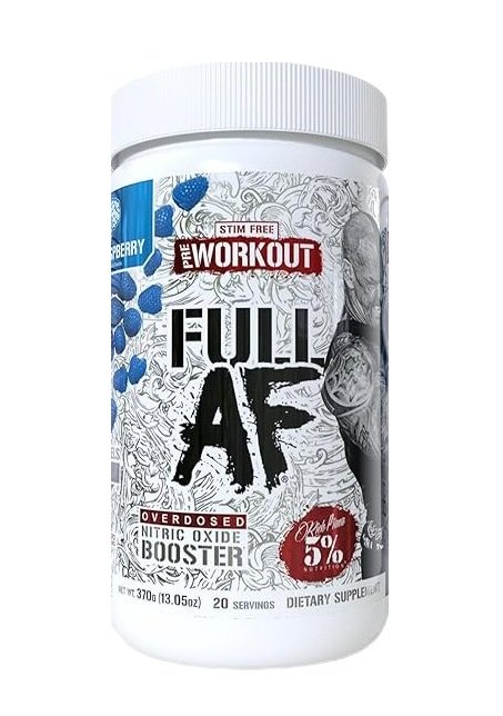White cylindrical container of blueberry pre-workout from Rich Piana 5% Nutrition Legendary Series F*ck