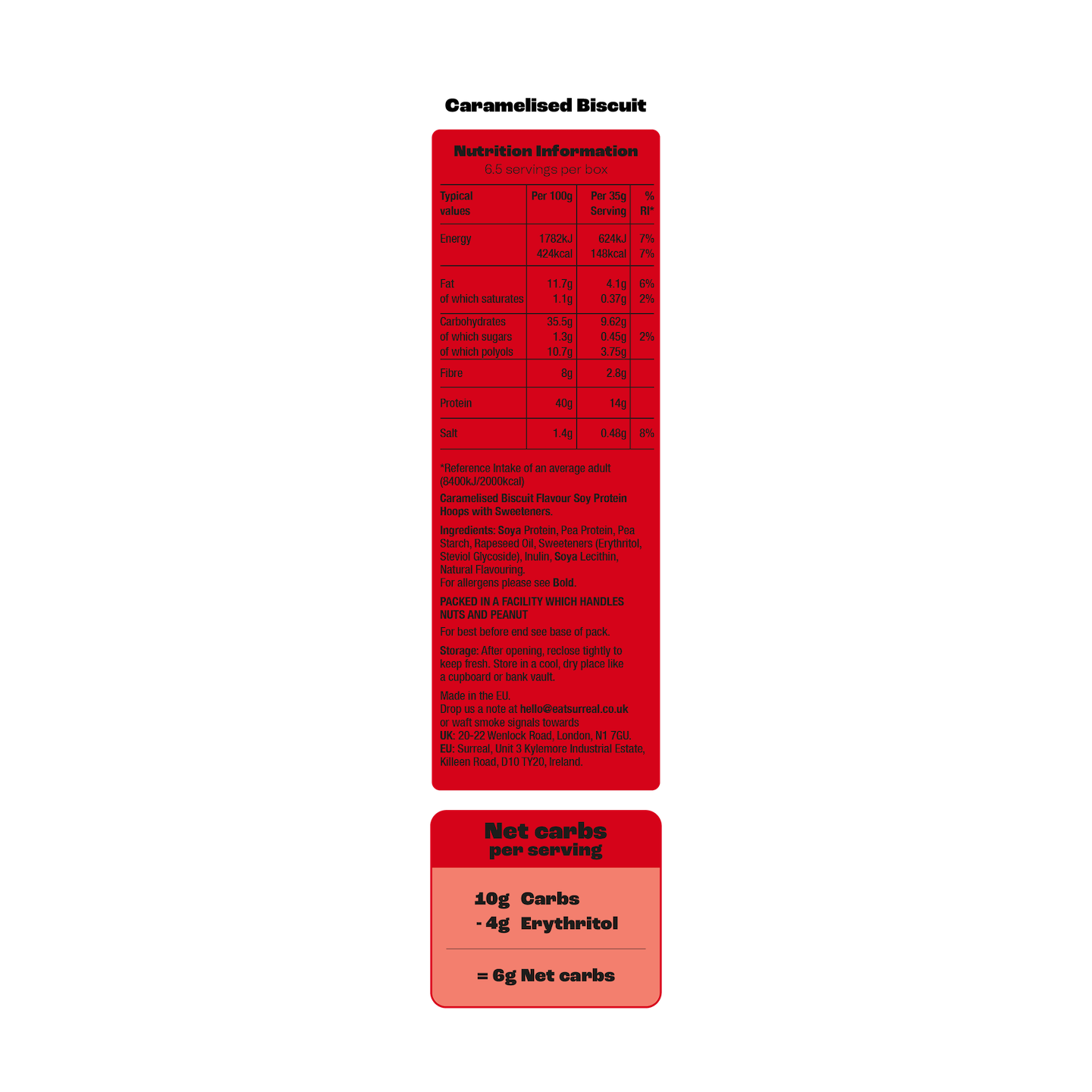 Nutritional info label for SURREAL Protein Cereal showing surreal protein content