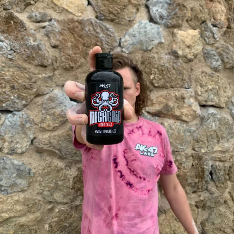 Black plastic bottle of AK-47 Labs Mega Grip Liquid Chalk with octopus logo