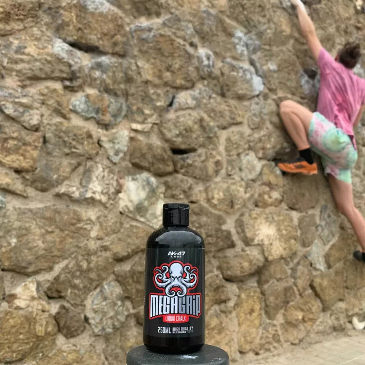 Black bottle of AK-47 Labs Mega Grip Liquid Chalk with octopus logo, 250ml