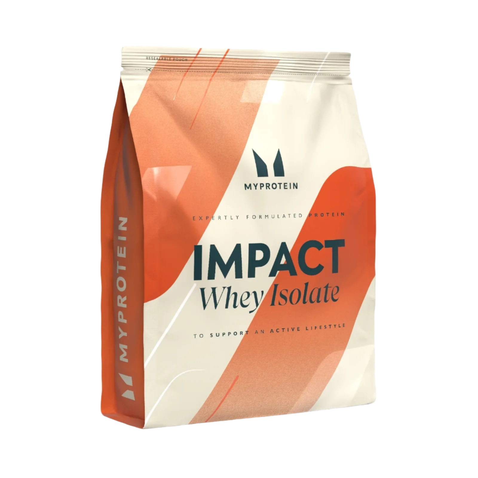 Myprotein Impact Whey Isolate protein powder in orange and white pouch, zero fat impact
