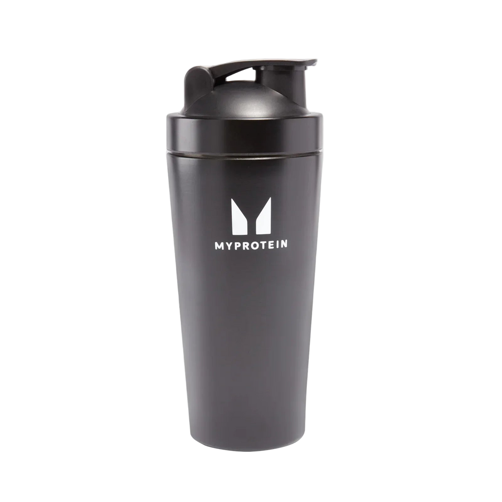 Black shaker bottle with MyProtein logo on a white background