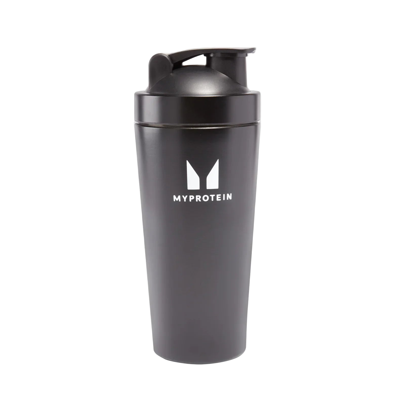 Black shaker bottle with MyProtein logo on a white background