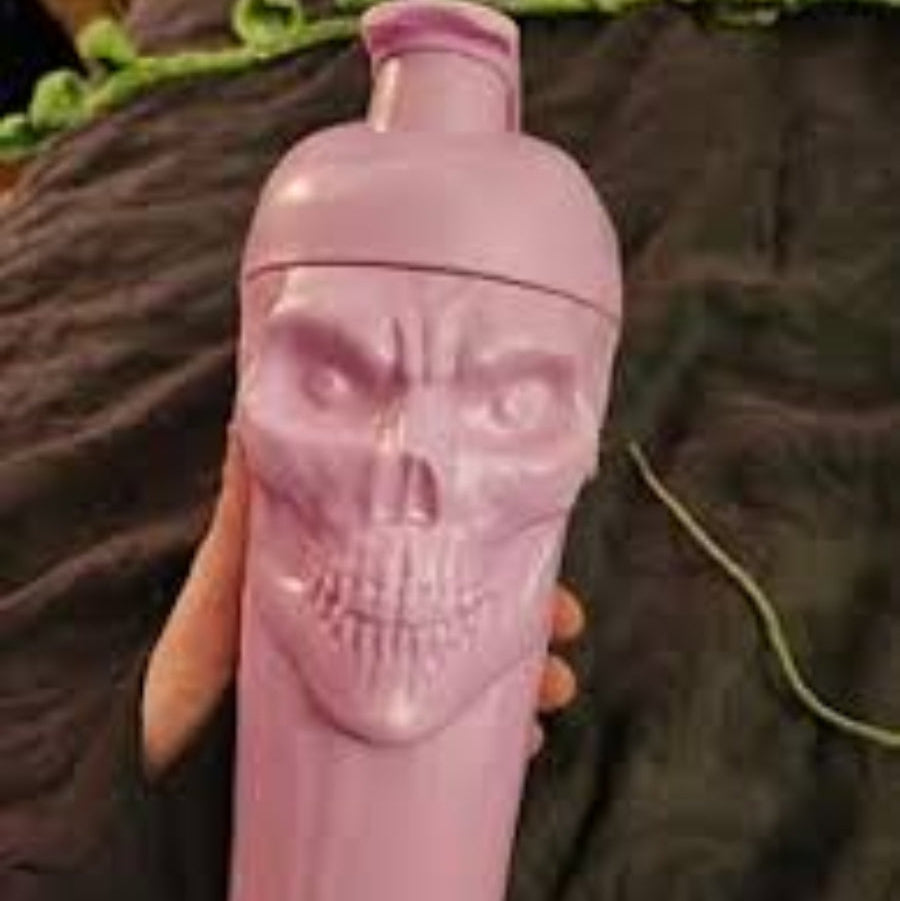 Pink sports skull shaker bottle with pump dispenser and bold skull design, BPA-free materials