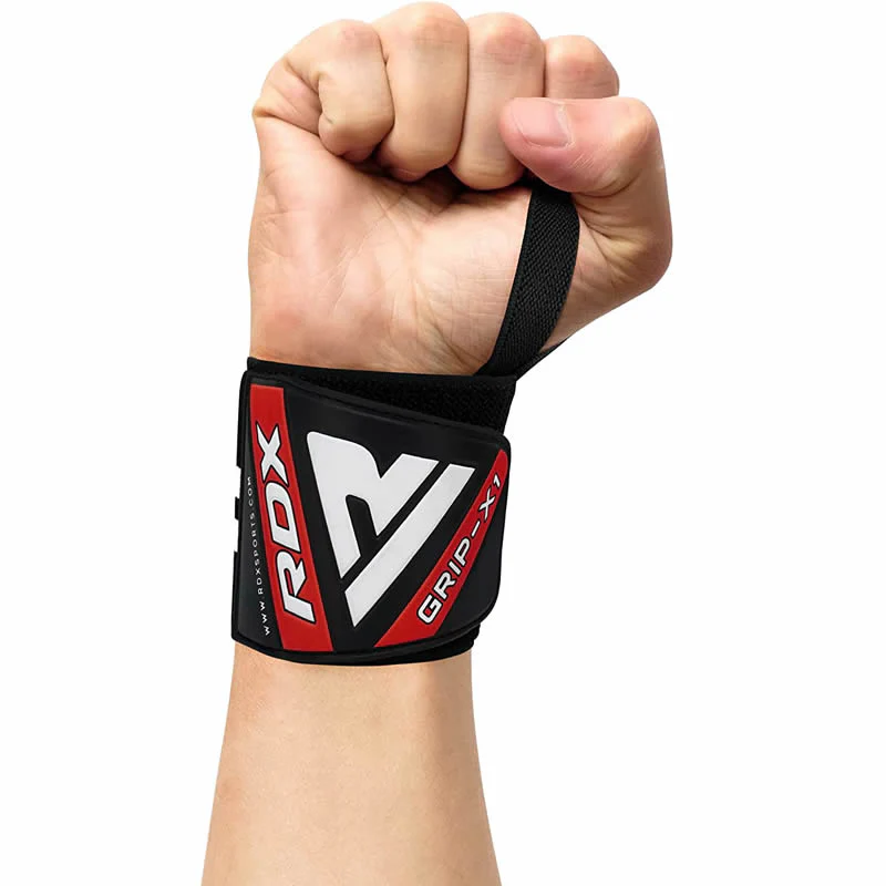 Black and red RDX gym wrist wraps with thumb loop, extended length for support
