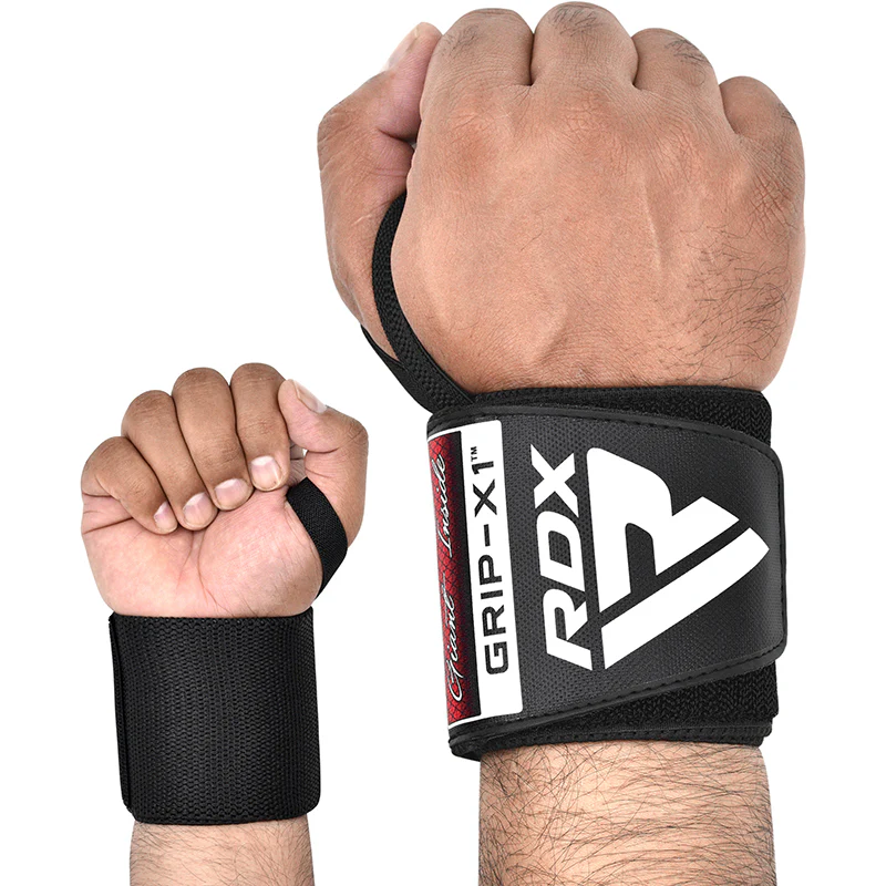 Black RDX Gym Wrist Wraps W3 with RDX GRIP-X1 logo, extended length for support