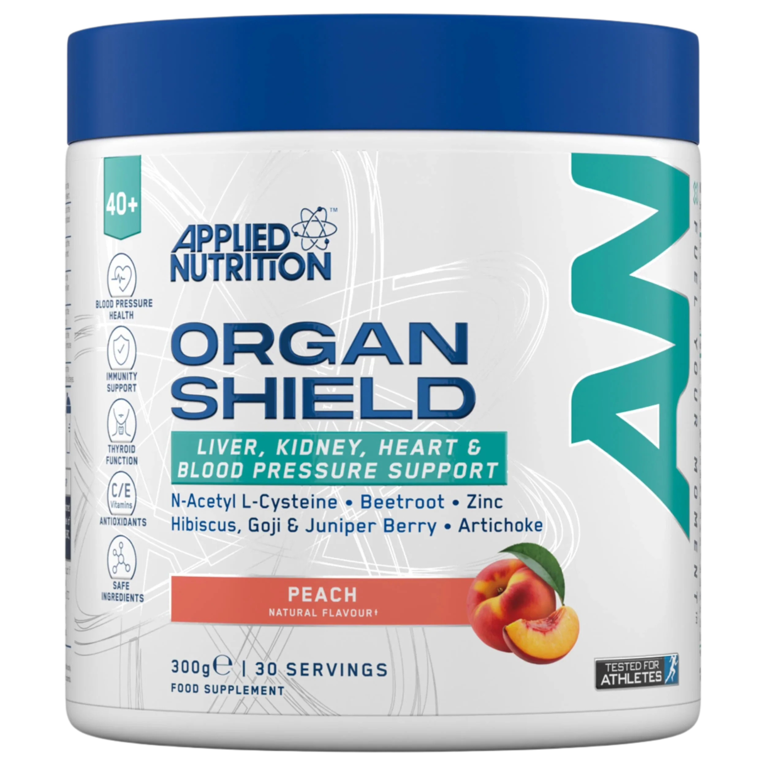 Applied Nutrition Organ Shield container with peach flavor supporting kidney health and liver function