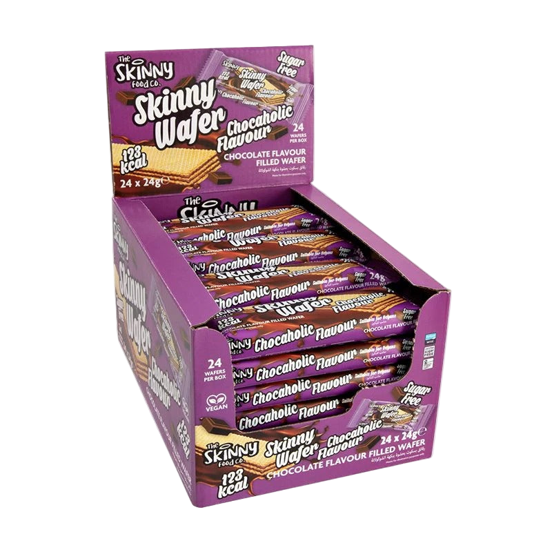 Box of The Skinny Food Co Zero Sugar Wafers with chocolate flavor, two unique treats