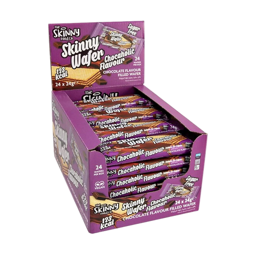 Box of The Skinny Food Co Zero Sugar Wafers with chocolate flavor, two unique treats