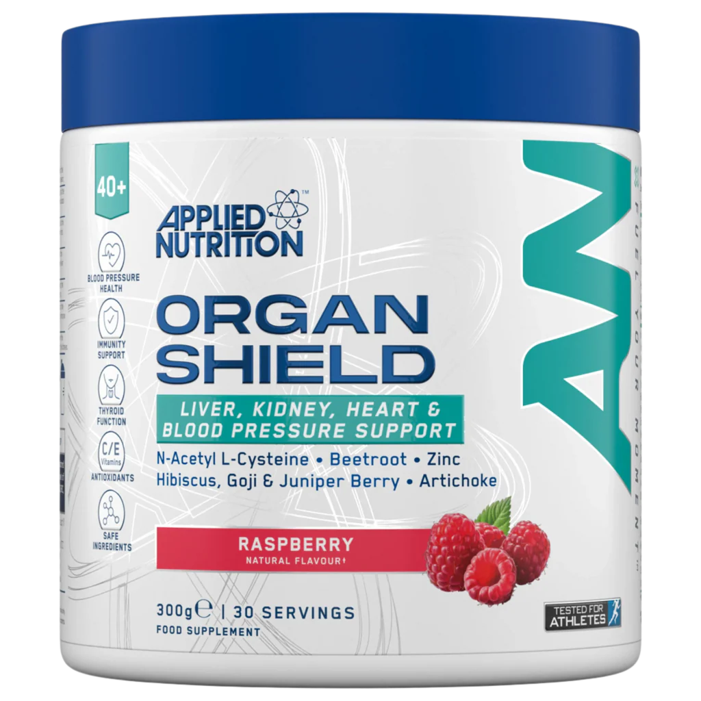 White and blue Applied Nutrition Organ Shield tub with raspberry flavor for kidney health