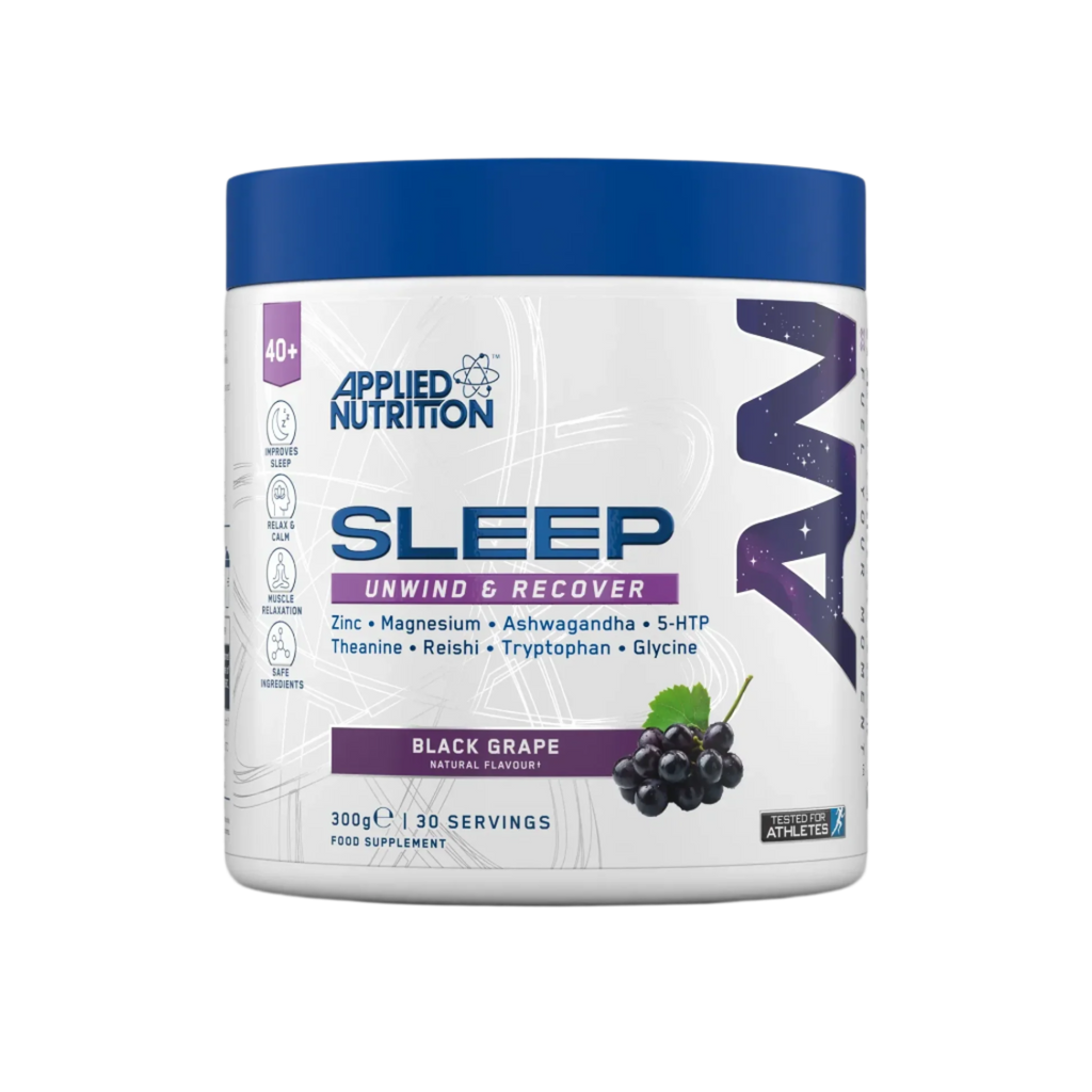 Black grape flavored applied nutrition sleep supplement in a white tub with blue lid