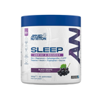 Black grape flavored applied nutrition sleep supplement in a white tub with blue lid