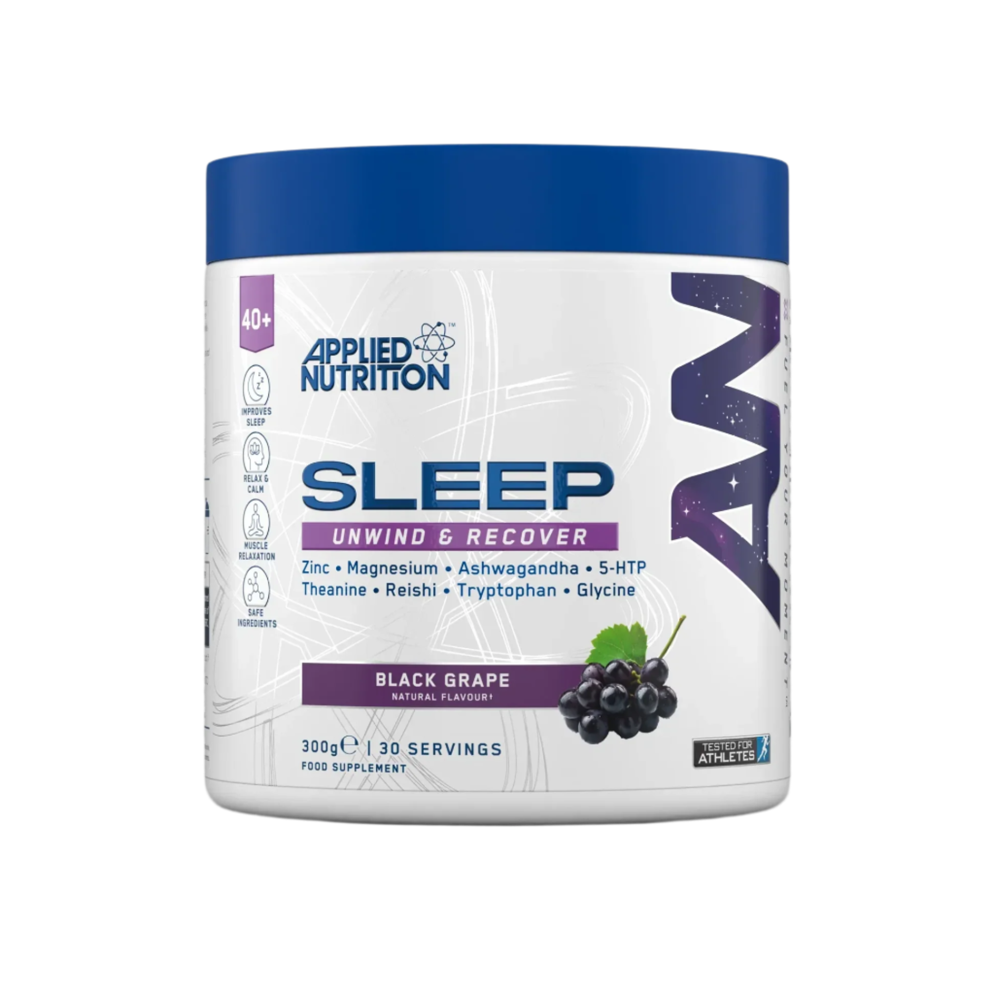 Black grape flavored applied nutrition sleep supplement in a white tub with blue lid