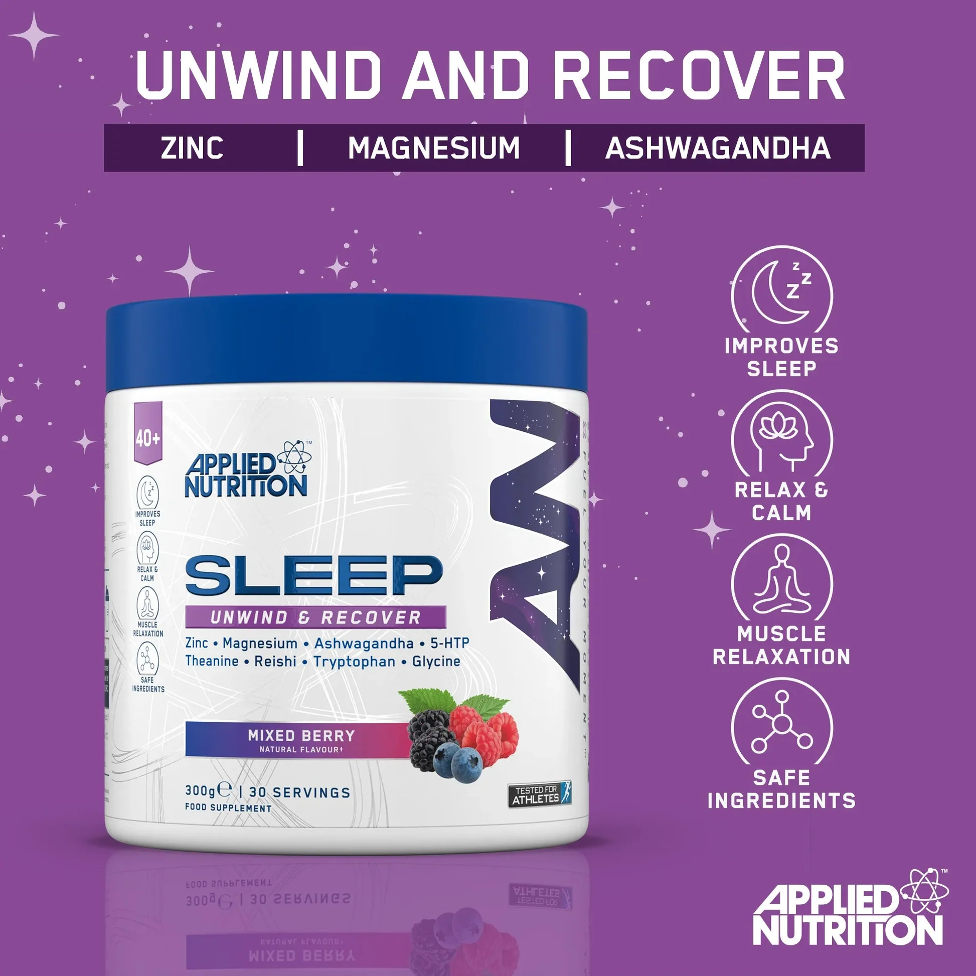 Mixed berry sleep supplement powder from Applied Nutrition Sleep 40+ Range for better rest