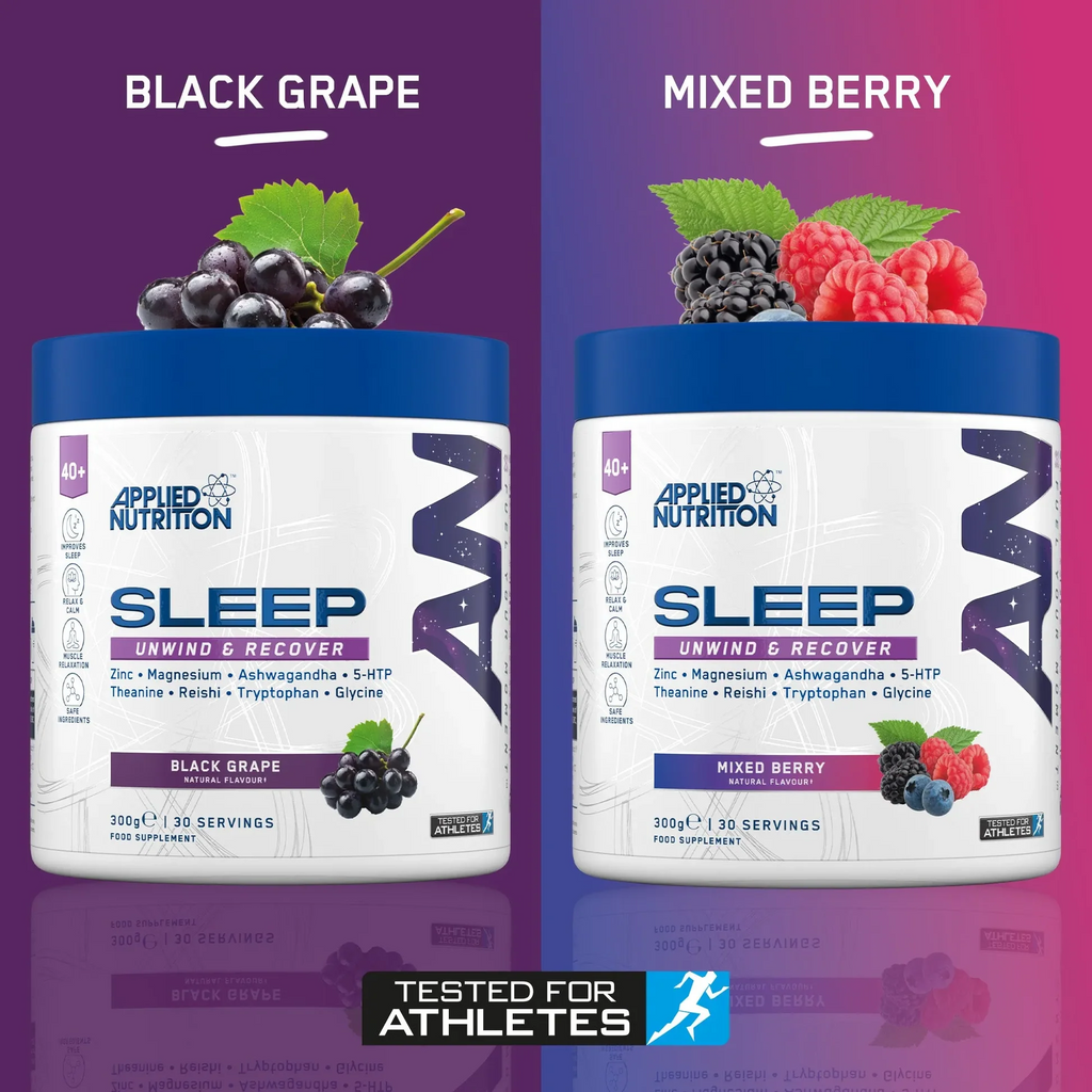 Applied Nutrition Sleep tubs in Black Grape and Mixed Berry flavors for better rest
