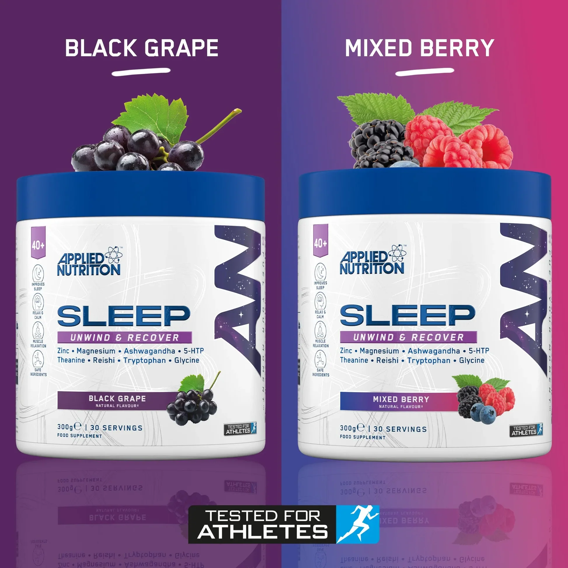 Applied Nutrition Sleep tubs in Black Grape and Mixed Berry flavors for better rest