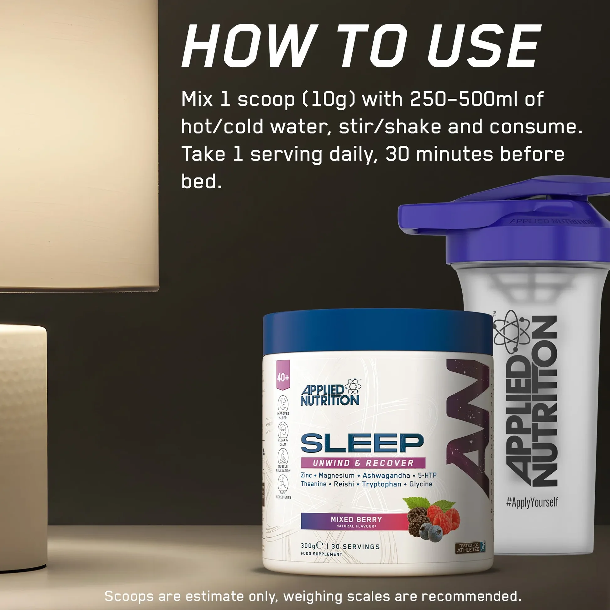 Applied Nutrition Sleep supplement in Mixed Berry flavor with shaker bottle for better rest