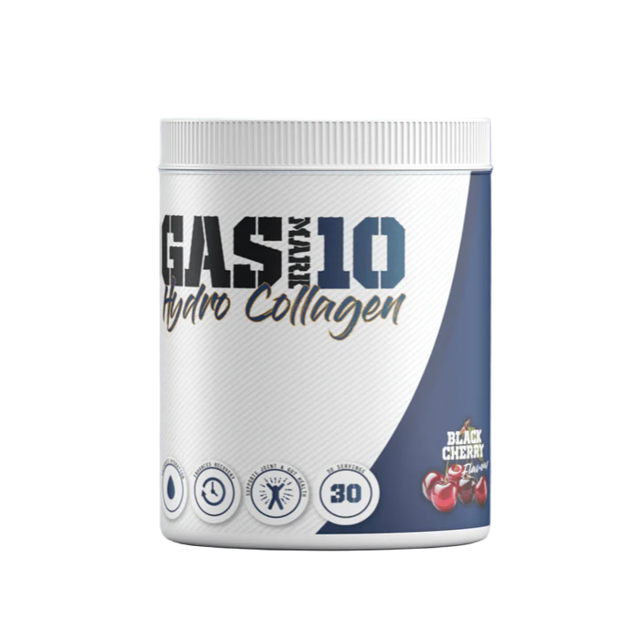 Container of Gas X Hydro Collagen with black cherry flavor on a white background