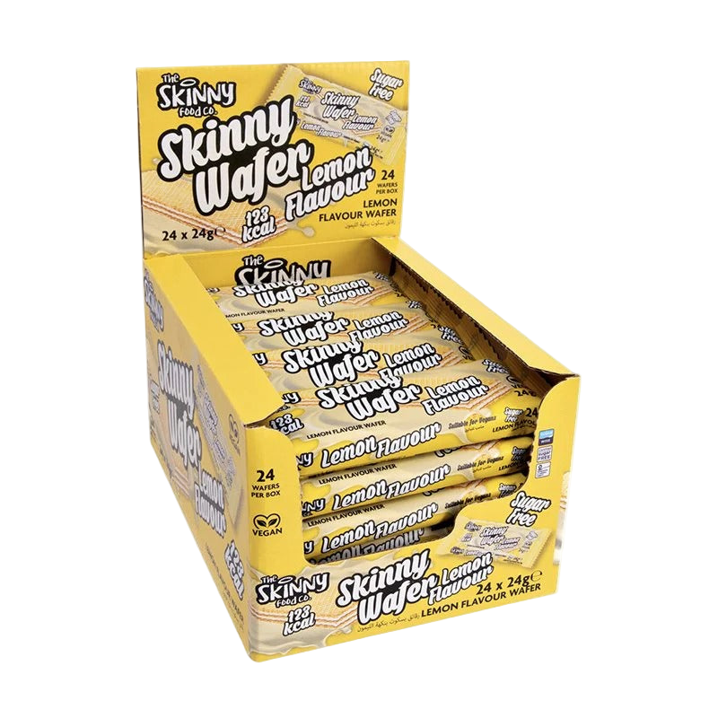 Box of Skinny Food Zero Sugar Wafers with lemon-flavored snack packs inside