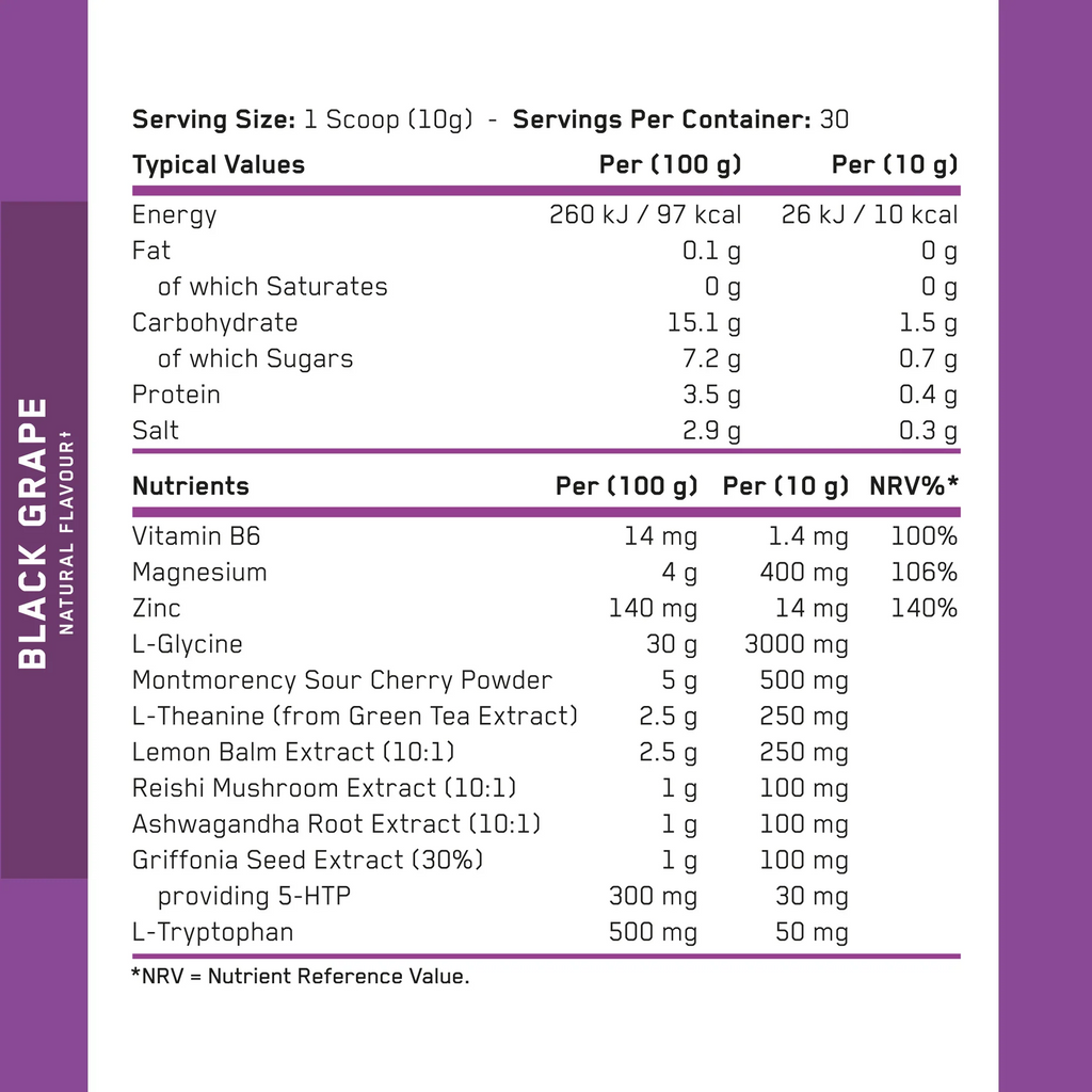 Applied Nutrition Sleep nutrition label for Black Grape flavor product showing nutrients and NRV%