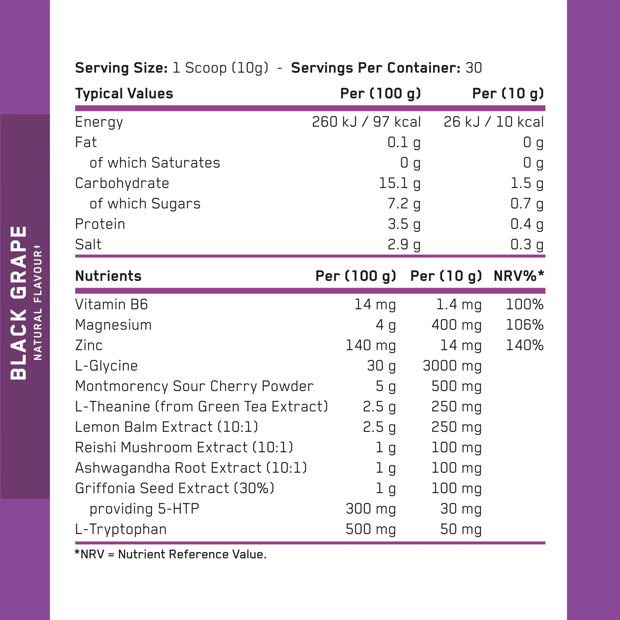 Applied Nutrition Sleep nutrition label for Black Grape flavor product showing nutrients and NRV%