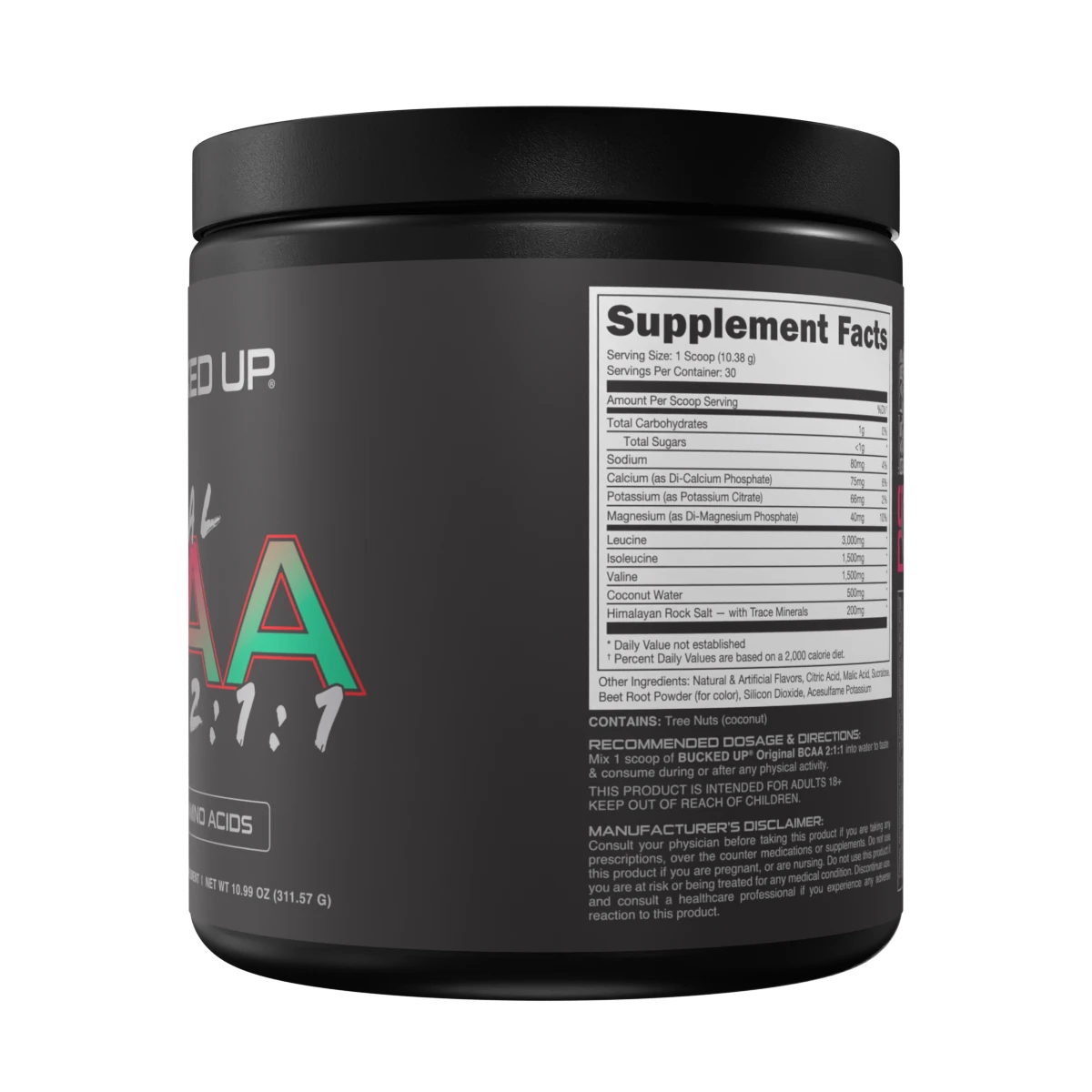 Black tub of Bucked Up Original BCAA 2:1:1 with amino acids for muscle growth