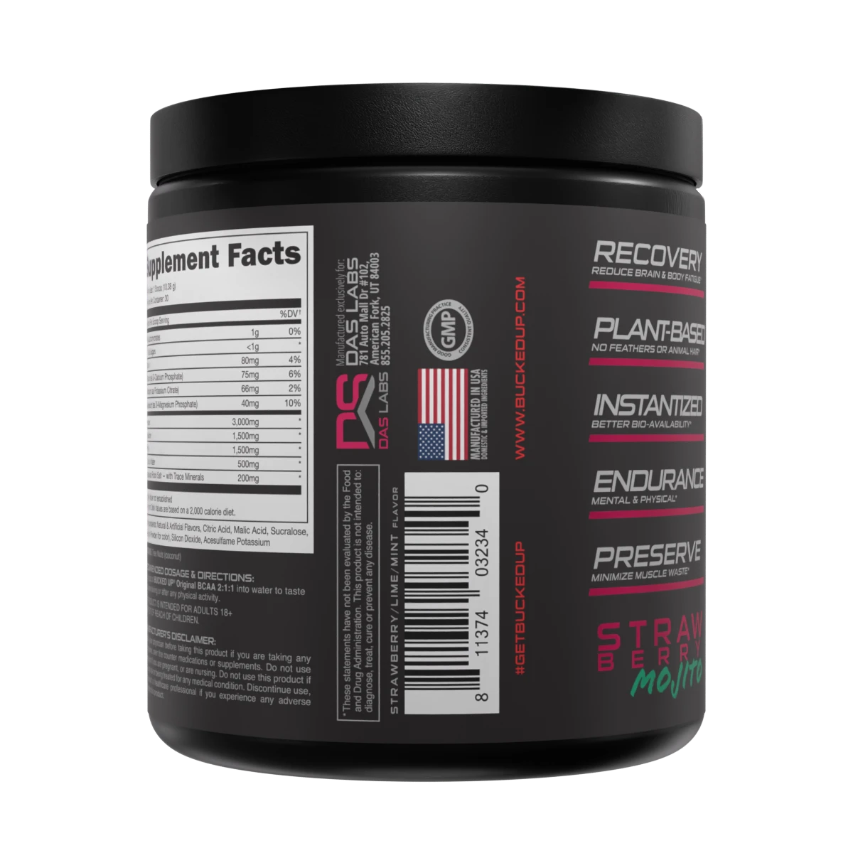 Dark container of Bucked Up Original BCAA with Strawberry Lime Mint flavor, amino acids for muscle growth