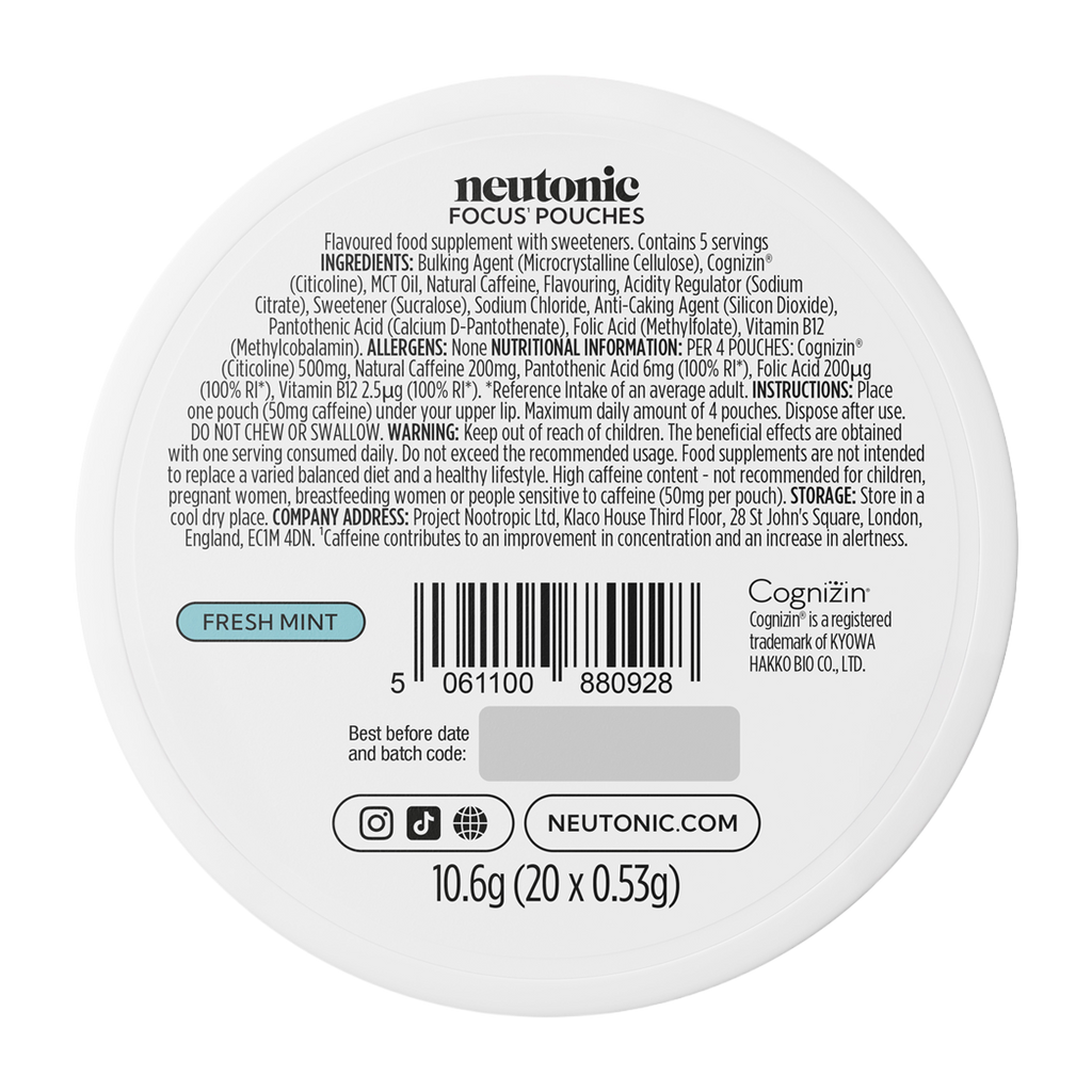 Neutonic Nootropic Focus Pouches 1 Pack (5x20 Pouches) – Nicotine-Free Energy & Clarity